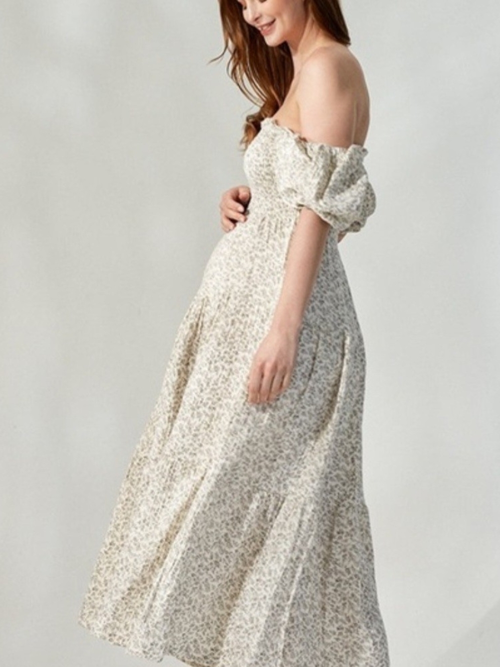 Smocked Puff-Sleeve Maxi Dress in Cream Ditsy Floral